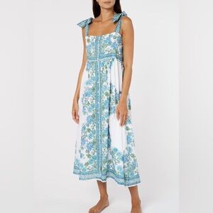Juliet Dunn Tie Shoulder Block Print Cotton Midi Dress